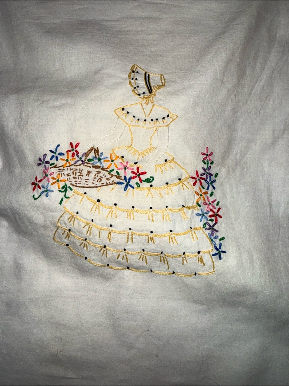 White Kids Dress with Yellow Trim and Multicolor Embroidered Girl